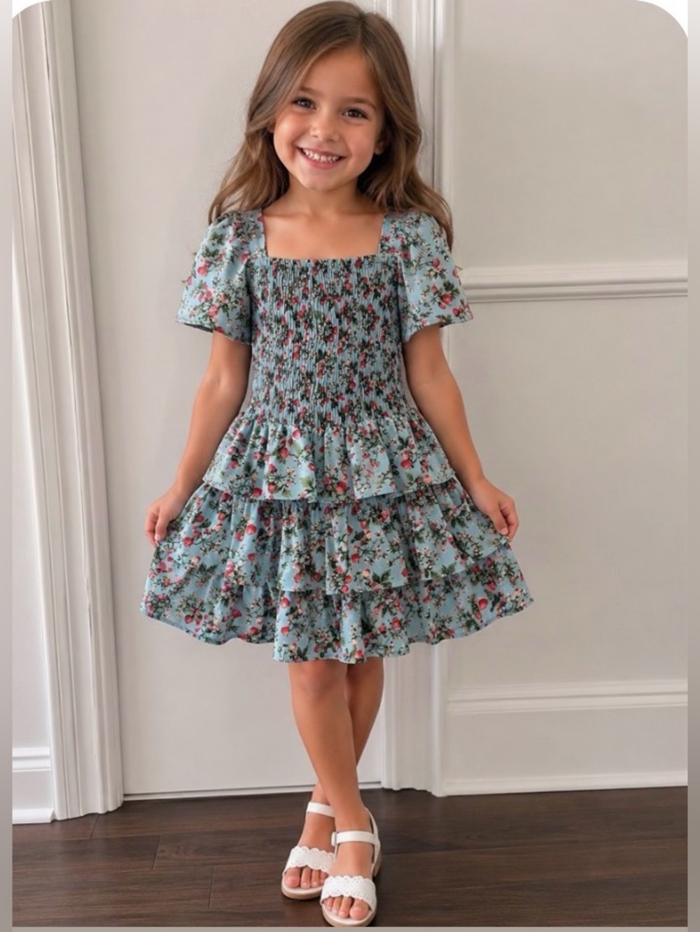 Pippa & Julie Light Blue Strawberry Print Tiered Smocked Dress
